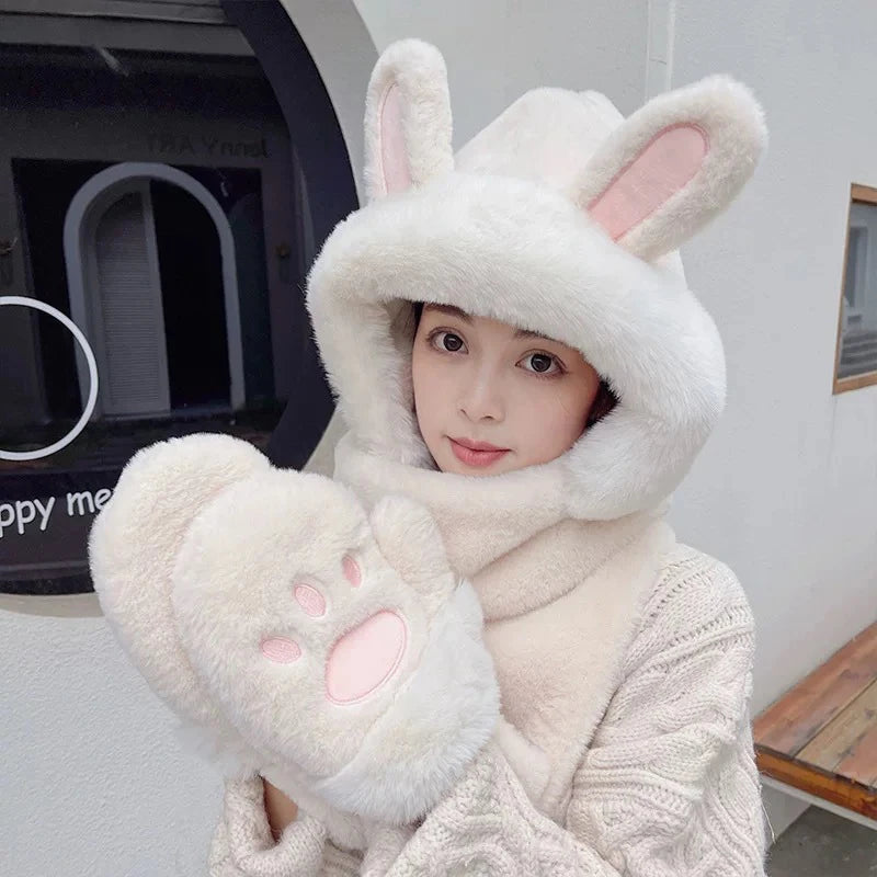 Winter Women Novelty Beanies Caps Warm Bear Ear Hat Casual Plush Hat Scarf Set Casual Solid Color Women Caps Present