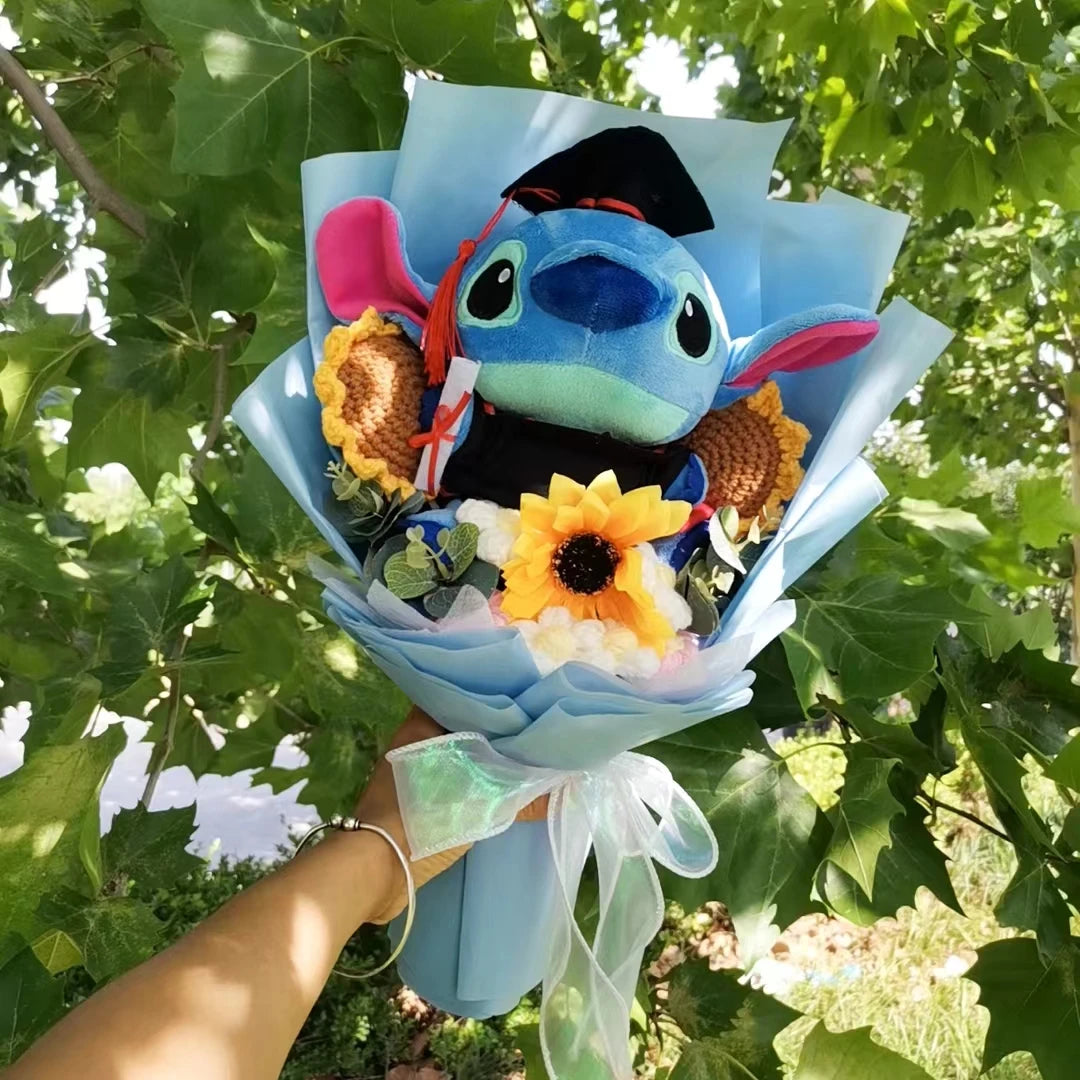 Anime Hot Lilo & Stitch With Handmade Knitting Sunflower Plush Bouquet Toys  Student Graduation Souvenir Birthday Gift