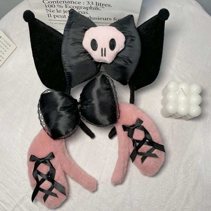 Halloween Sanrio Kuromi Hair Accessories Scary Cute Big Ears Bow Kuromi Face Wash Headband Plush Skull Cosply Prop Holiday Gift