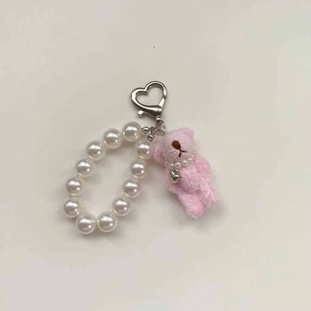 Cute Imitation Pearl Plush Teddy Bear Mobile Phone Chain Gift Hanging Ornament Keychain Handbag Pendant Doll Pendant Women Girls