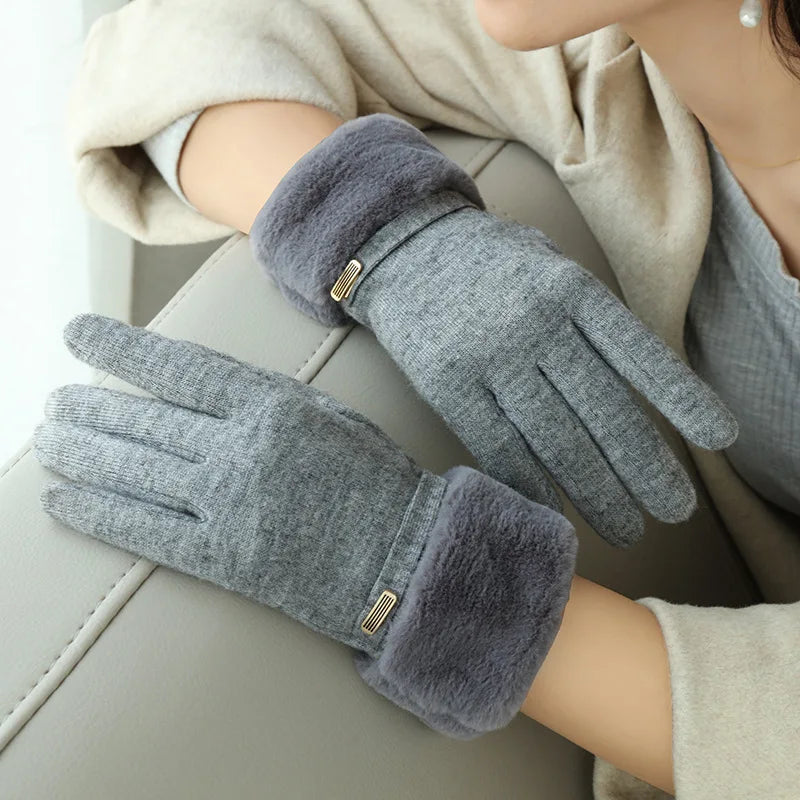 Winter Women Keep Warm Plus Velvet Touch Screen Thicken Plush Wrist Suede Gloves Fashion Personality Elegant Drive Cycling