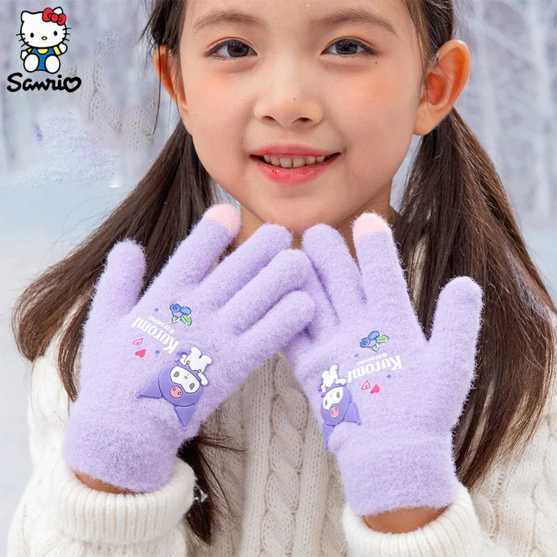 Kawaii Sanrio Gloves Children's Warm Gloves Kuromi Melody Winter Plush Thickened Full Fingers Mitten Accessories Christmas Gifts