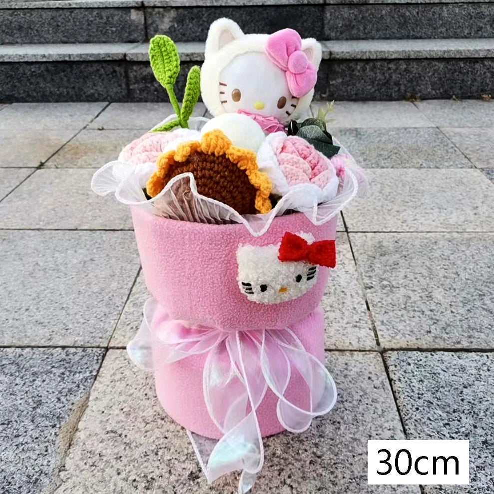 Hand-Knitted Flower Rose Hello Kitty Kuromi Plush Doll Toy With Sunflower Crochet Flower Valentine's Day Birthday Christmas Gift