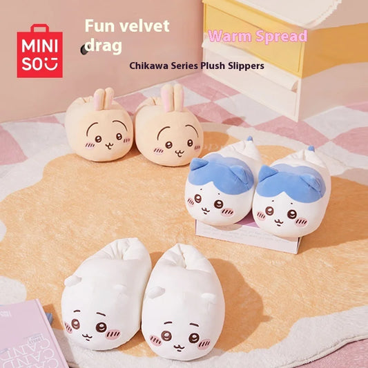 Genuine Miniso Chiikawa Series Plush Slippers Warm Soft Autumn Winter Wrapped Around Home Slippers  Girls Cute Festival Gift