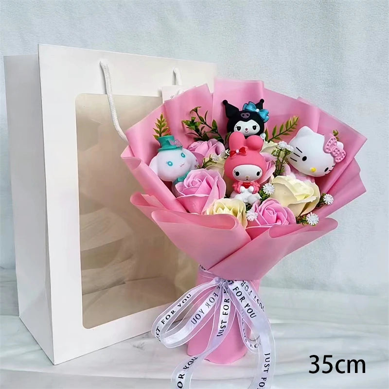 Anime Kuromi My Melody Cinnamoroll Hello Kitty Soap Flower Cartoon Plush Bouquet Valentine's Day Christmas Graduation Gift