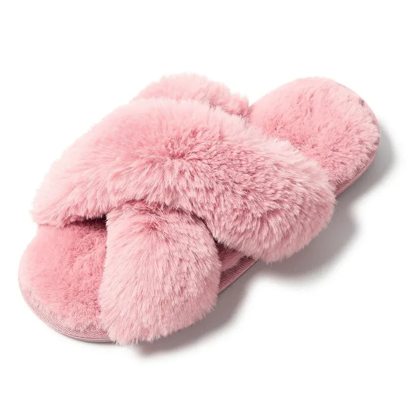 Feslishoet Women Fuzzy Slippers Cross Band Soft Plush Cozy House Shoes Furry Open Toe Indoor Outdoor Slip Warm Anti Skid Sole