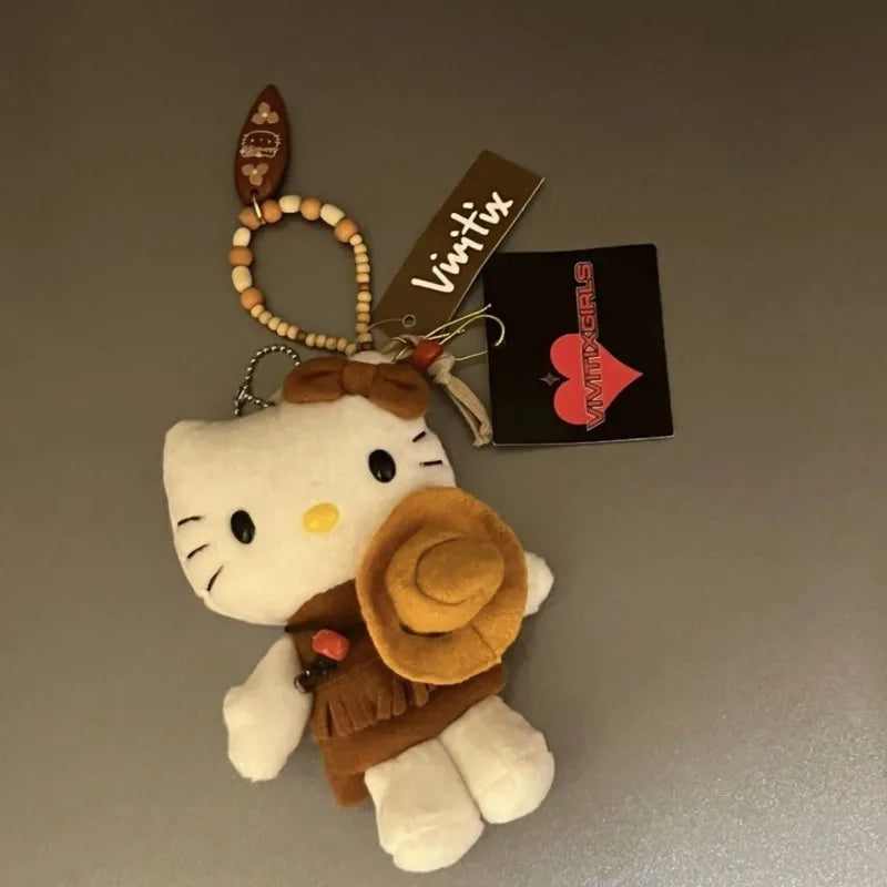 Sanrio Western Cowboy Hello Kitty Girly Heart Plush Cute Car Keychain Cat School Bag Pendant Fun Anime Peripheral Holiday Gift