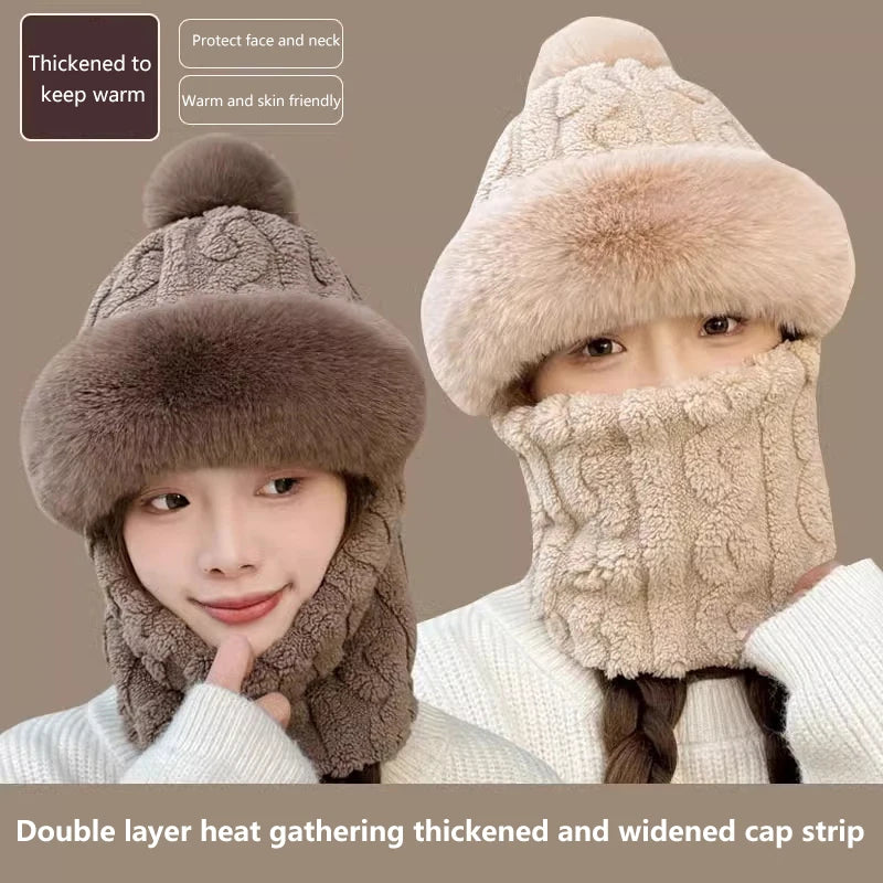 1PC Winter Knitted Hat Scarf Mask Plush Pompom Beanies For Women Plush Lining Warm Bonnet Ears Neck Protection Skiing Cap