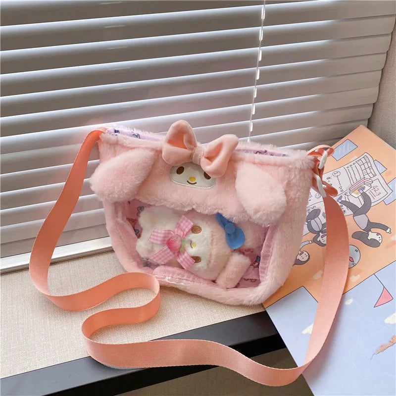 Kawaii Sanrio Plush Bags Cinnamoroll Melody Kuromi Hello Kitty Transparent Plushie Crossbody Bag Cartoon Anime Doll Pendant Gift