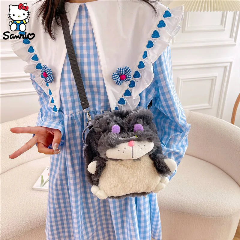 Lucifer Cat Bag Plush Shoulder Bag Cartoon Anime Lucifer Cat Portable Drawstring Shoulder Bag Plush Toy Diagonal Package Gifts