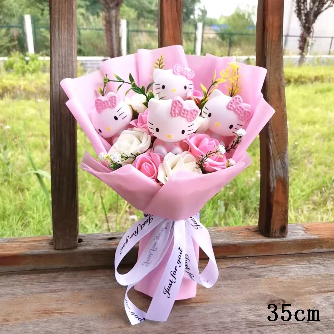 Anime Hello Kitty Cartoon Plush Bouquet Sanrio Artificial Rose Flowers Doll Christmas Home Wedding Decoration Valentine's Day Gi