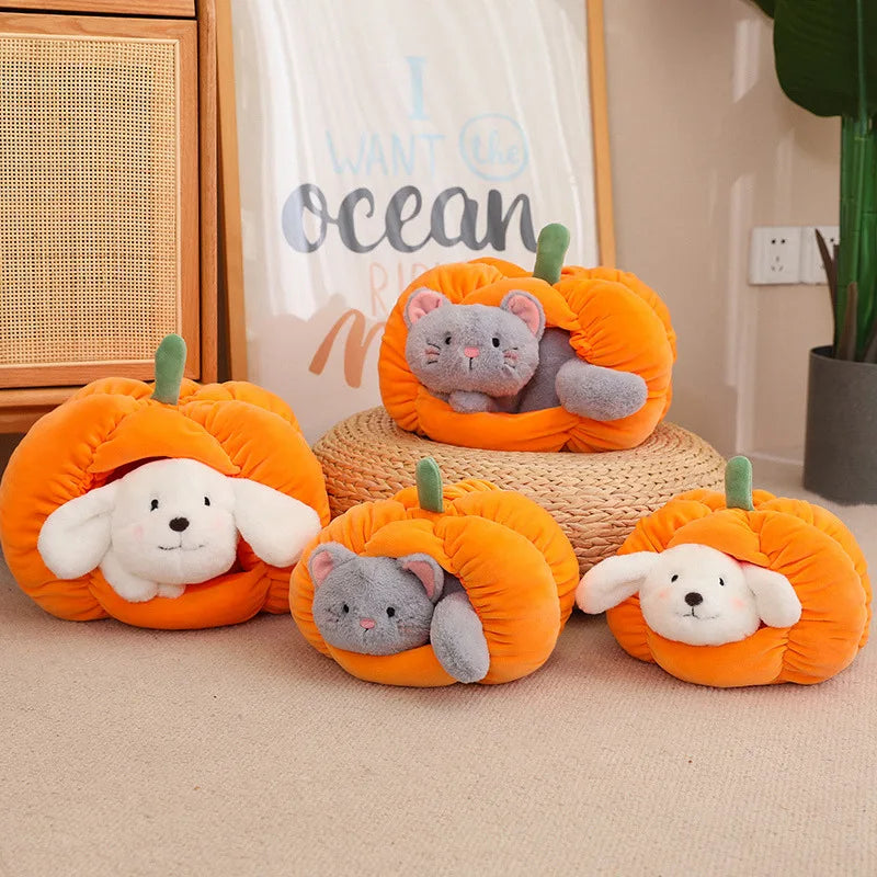 23/30cm Funny Cute Soft Stuffed Animals Dog Cat Hiding In the Pumpkin Nest Dolls Room Pets Peluche Kids Lover Elegant Gift