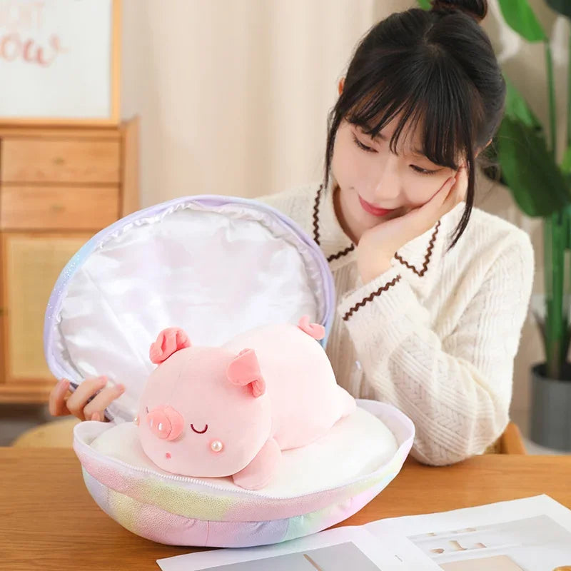 New Kawaii Pink Piggy Doll Stuffed Inside the Shell Plush Toy Pig Hided in the Conch Birthday Present