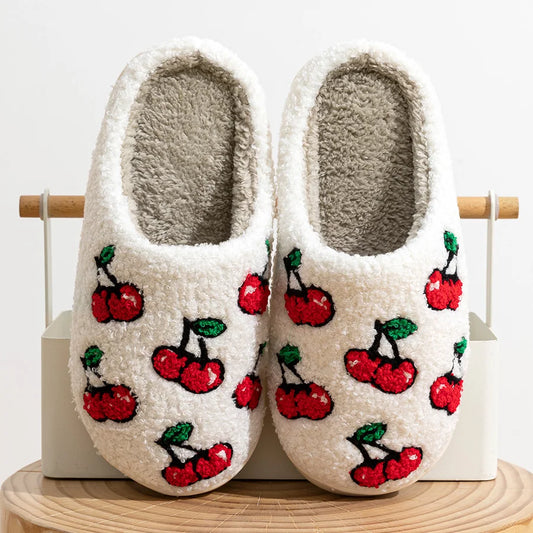 Cute Little Cherry Slippers Women Fluffy Cherries Fur Plush House Shoes Female Bedroom Comfy Home Flat Slip-on Slides New