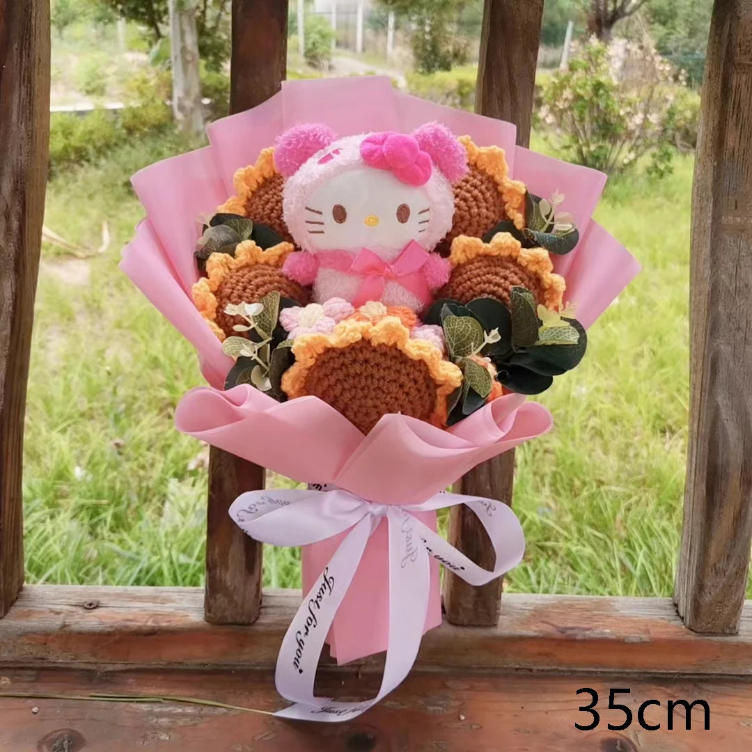 Kuromi Hello Kitty Kuromi My Melody Plush  Bouquet Handmade Knitting Sunflower Gift Valentine's Day Xmas Girl Friend  Gifts