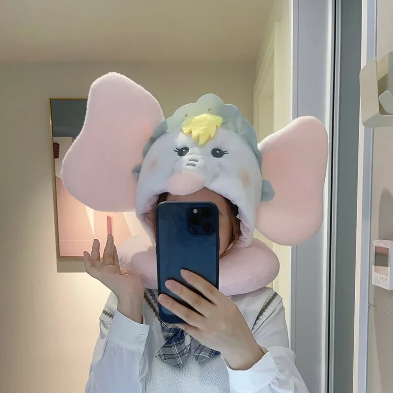 Disney Plush Dumbo Elephant Hooded U-shaped Pillow Stuffed Sanrio My Melody Marie Cat My Sweet Piano Travel Neck Pillow Office