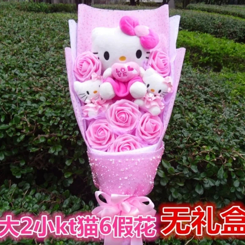 Kt Hello Kitty Plush Stuffed Bouquet With Graduation Hats Handmade  Doll Cute Soap Flower Rose Flower Bouquet Birthday