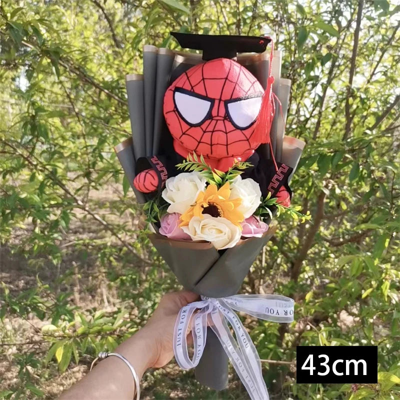 Animation Super Hero Spider Plush Doll With Rose Flower Bouquets Soft Stuffed Kids Graduation Christmas Day Birthday Gifts