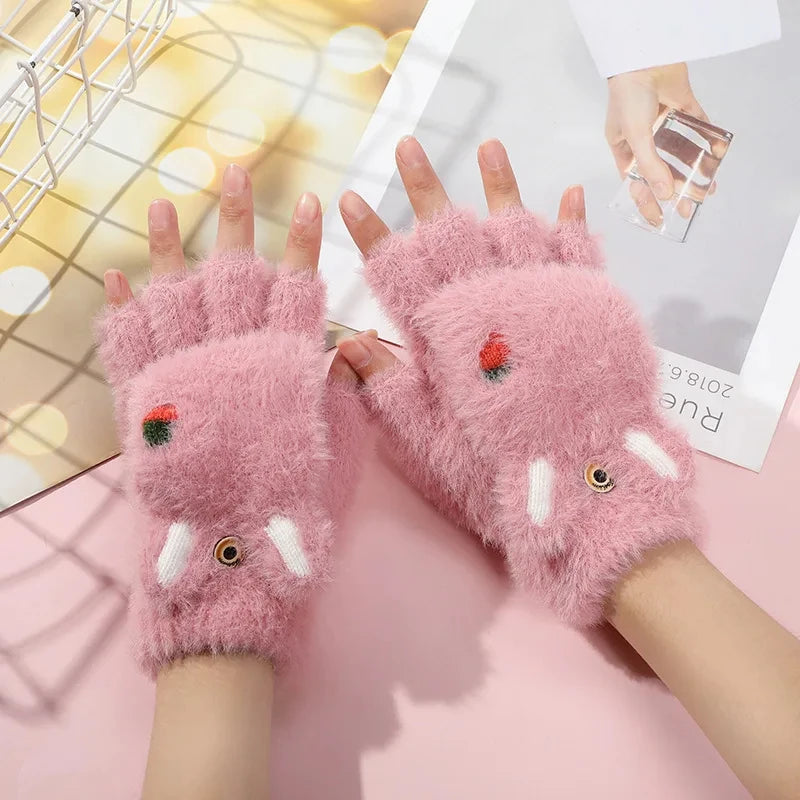 Women Plush Warm Glove Fur Lovely Rabbit Cat Mittens Flip Fingerless Gloves Soft Girls Thick Gloves Flexible Half Finger Winter