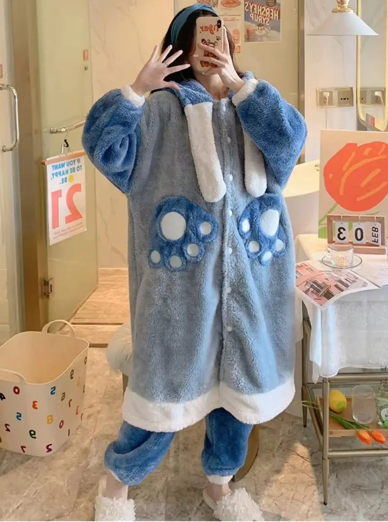 New Disney Cartoon Stitch Nightgown Suit Couple Design Luxury Plush Robes Hooded Pants Women Men Coral Fleece Pajamas Birthday