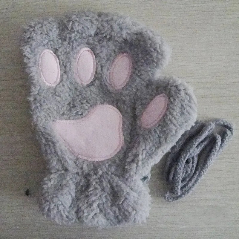 Cartoon Cute Cat Claw Paw Gloves Women Plush Mittens Warm Soft Plush Short Fingerless Fluffy Bear Cat Gloves Costume Half Finger