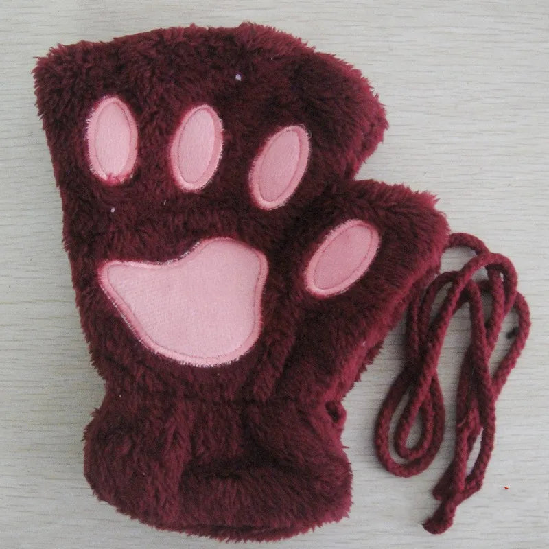 Cartoon Cute Cat Claw Paw Gloves Women Plush Mittens Warm Soft Plush Short Fingerless Fluffy Bear Cat Gloves Costume Half Finger