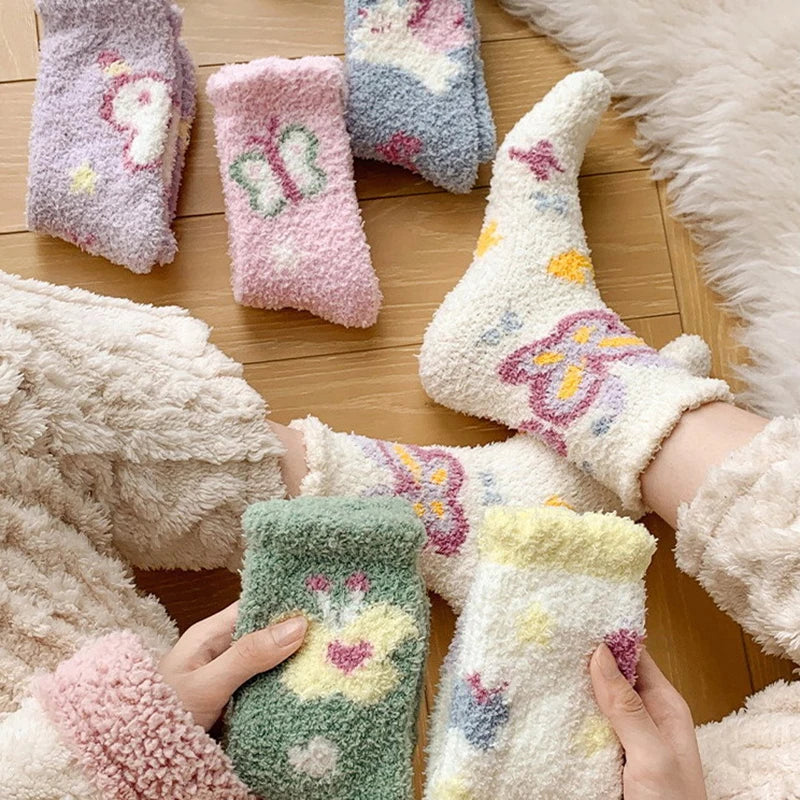 Japanese Kawaii Cute Socks Autumn Winter Thicken Warm Soft Plush Women Socks Coral Fleece Thermal Homewear Floor Sleeping Socks