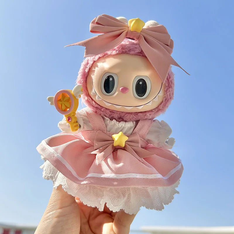 New 17cm Pendant Cute Labubu Doll Clothes Fashion Dress Headgear Stuffed Accessories Cos Anime Plush Cartoon Decor Birthday Toys