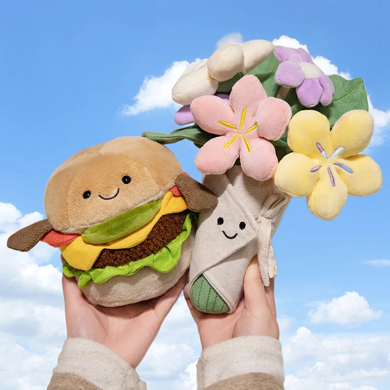 Creative Realistic Hamburger Plush Toy Soft Stuffed Bouquet Toy Funny Food & Flower Pillow Cute Burger Doll Kawaii Birthday Gift