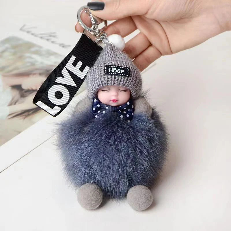 Cute Sleeping Baby Keychain Charm Cute Fluffy Plush Doll Car Keychain Fashion Women's Bag Charm Backpack Decoration Gift