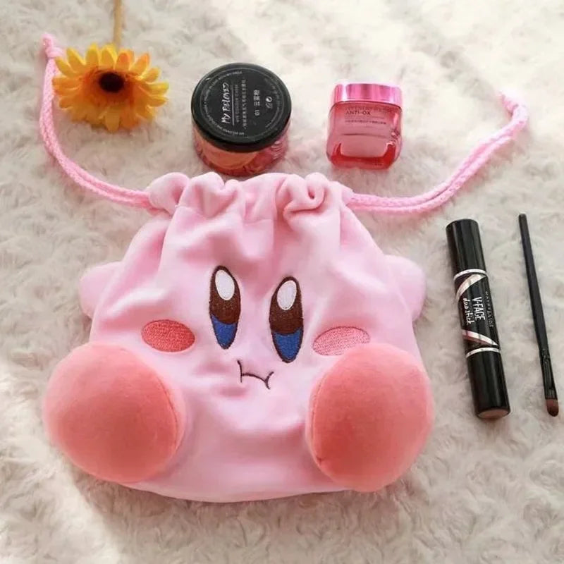 Kawaii Anime Cartoon Star Kirby Plush Cosmetic Bag Cute Pink Plush Portable Storage Bag Coin Purse Drawstring Bag Holiday Gifts