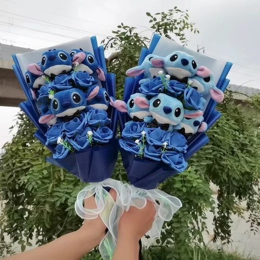 Disney Lilo Stitch Valentine Plush Bouquet With Soap Rose Flower Anime Stuffed Animals Home Decoration Christmas Gift