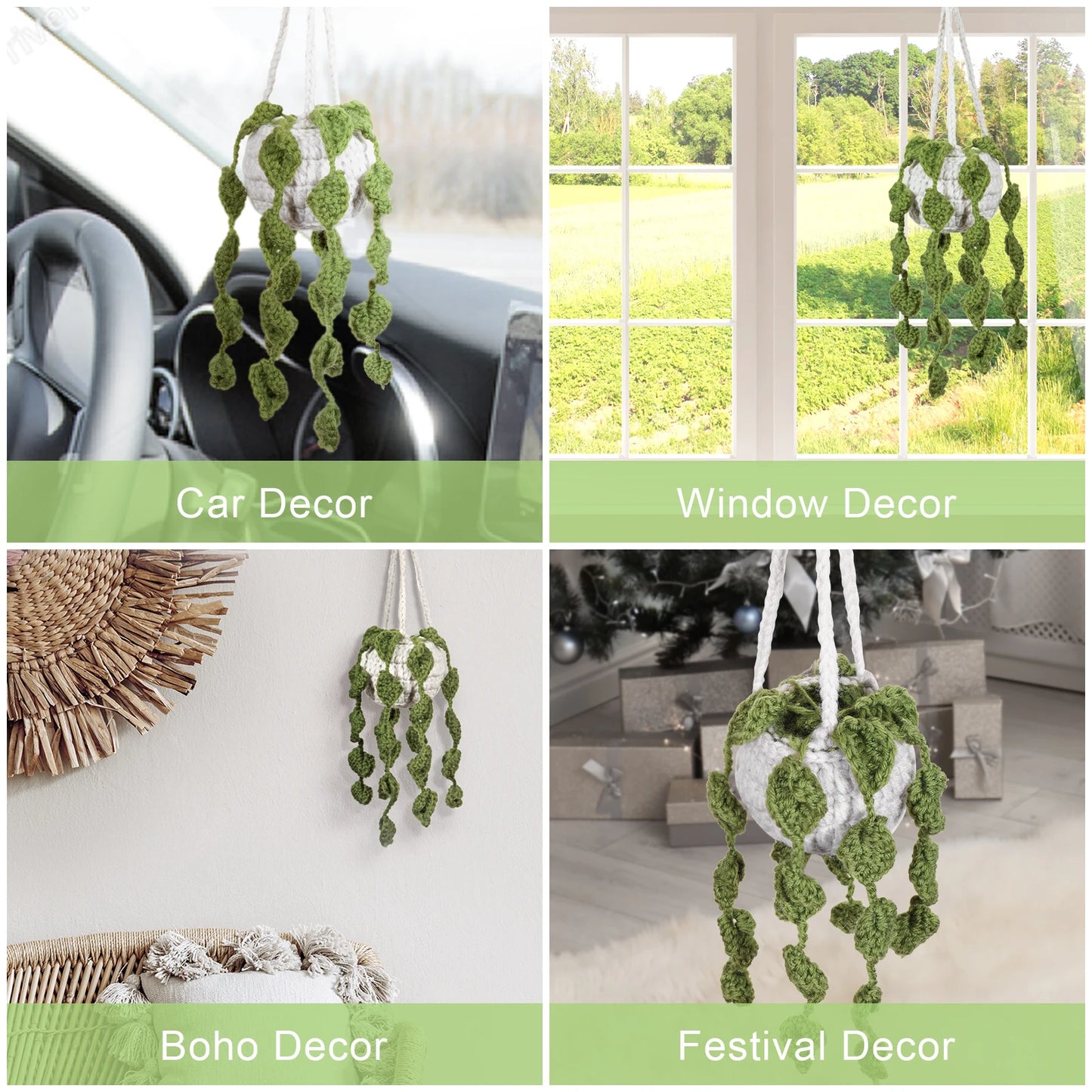 Boho Car Plant Crochet Hanging Basket, Hanging Plant for Car Decor