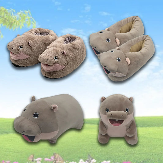 TreasuringU Hippos Moo Deng Plush Toys Cute Baby Hippopotamus Stuffed Pillow Christmas House Slippers Toy