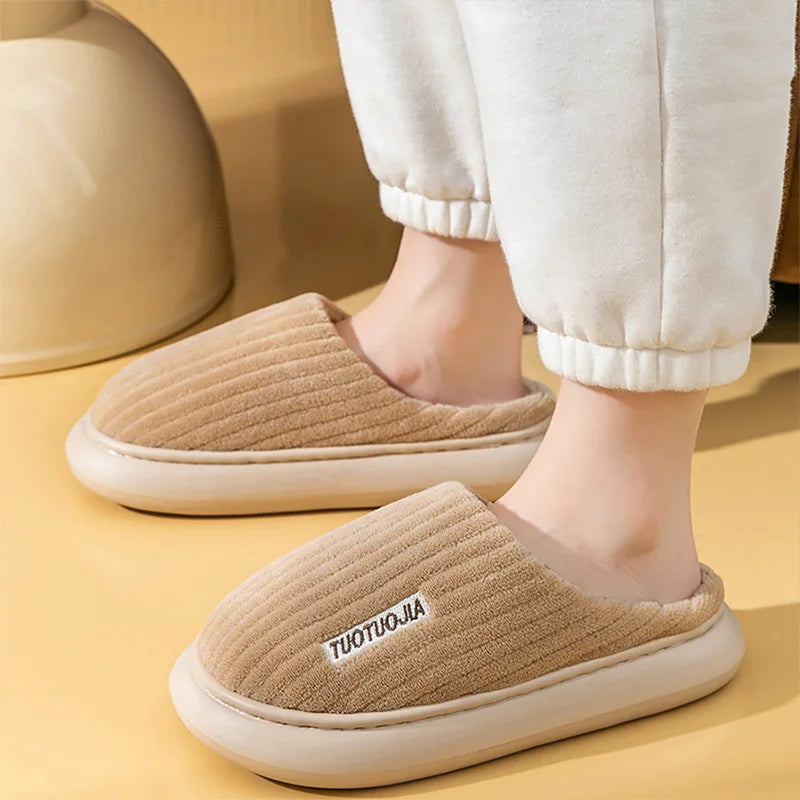 Couple Slippers Indoor Stripe Fluff Memory Foam Fluffy Eva Anti-skid Soft Heel Non Slip Plush Slippers Women's Winter Houseshoes