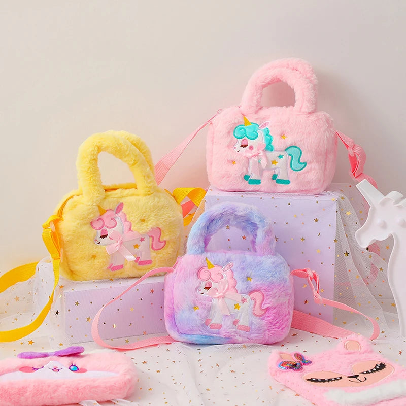 Kid Embroidery Unicorn Plush Crossbody Purses And Handbags Little Girls Rainbow Fluffy Purse Cute Cartoon Furry Shoulder Bag