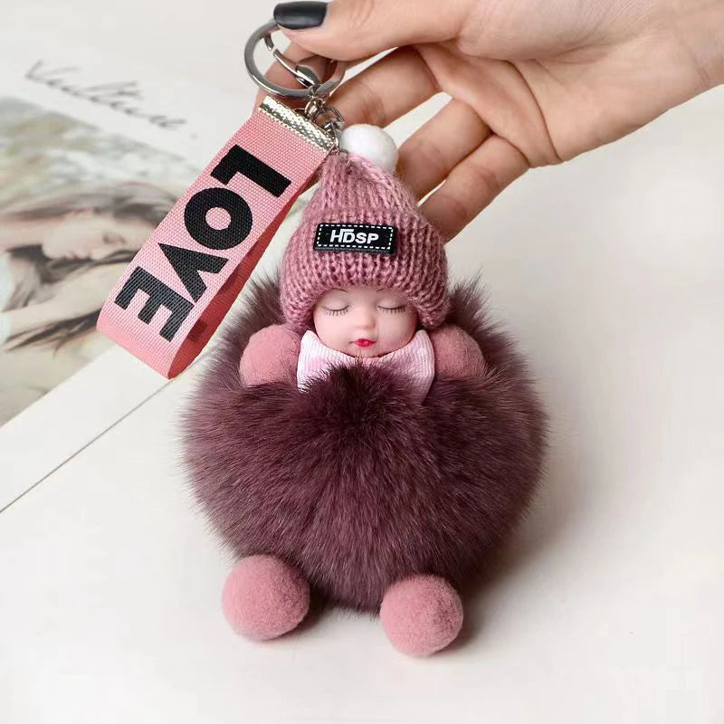 Cute Sleeping Baby Keychain Charm Cute Fluffy Plush Doll Car Keychain Fashion Women's Bag Charm Backpack Decoration Gift