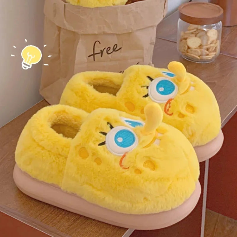 New Cartoon Anime Couples Spongebob Kawaii Slippers Plush Keep Warm Home Winter Soft Bottom Cute Shoes Men Women Lovers Shoes