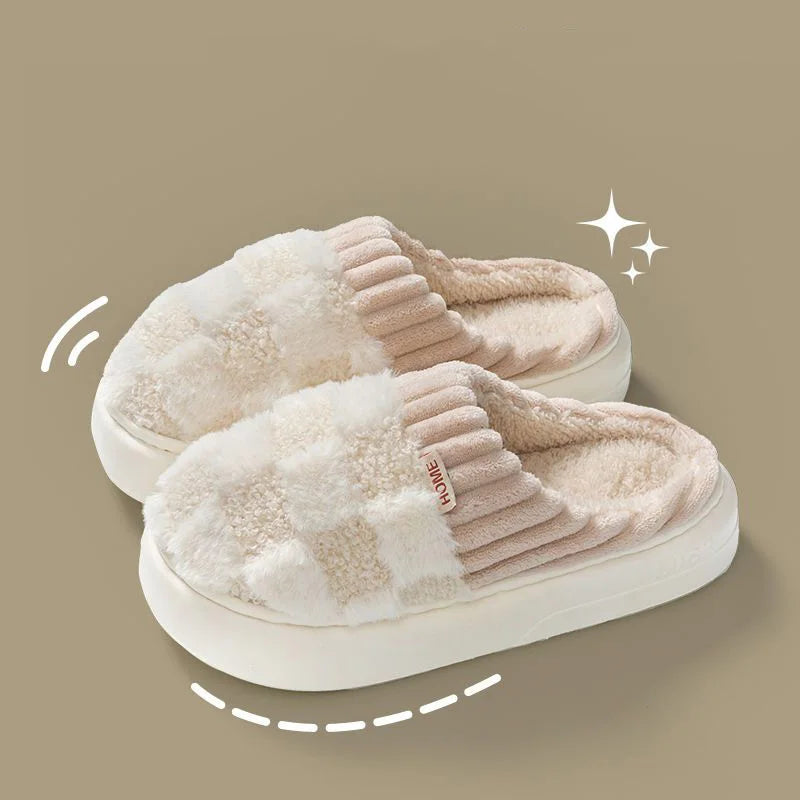 Fashion Couple Winter Slides Warm Plaid Fluffy Slippers Soft Sole Flip Flops For Women And Men Home Indoor Non-slip Cotton Shoes