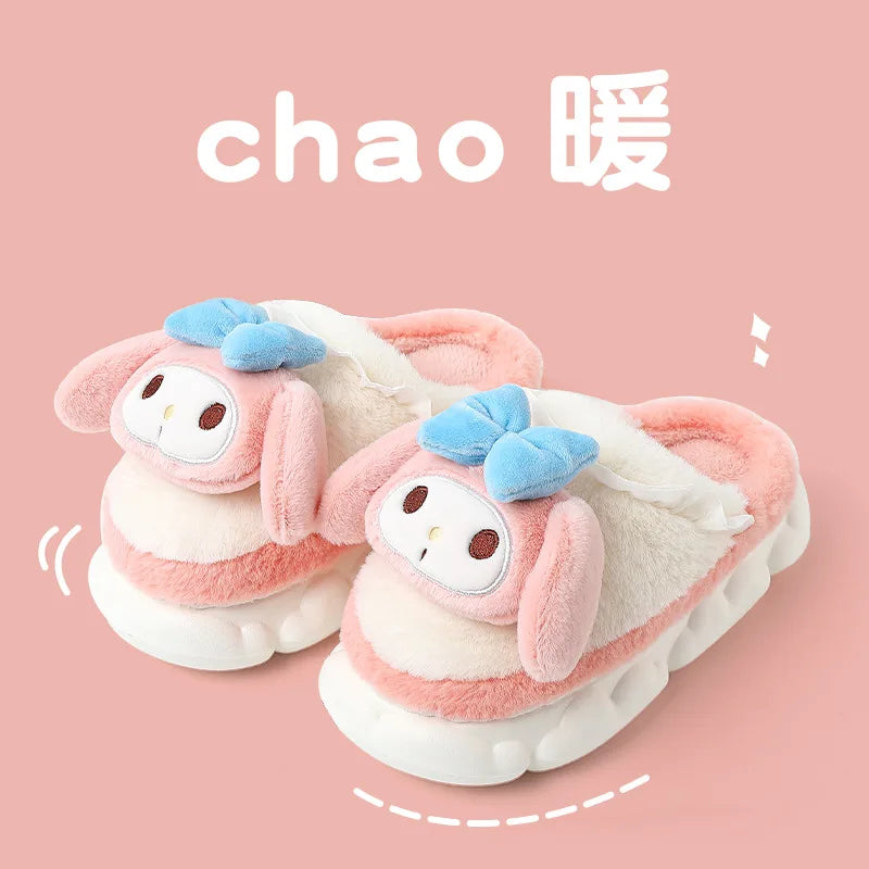 Kawaii Sanrio Home Slippers Hello Kitty Plush Cotton Indoor Bathroom Women 2023 Summer Beach Anti-sli Shoes Kuromi Flip Flops