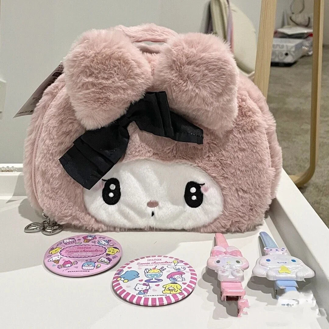 Kawaii Sanrio Plush Kuromi Melody Make Up Cosmetic Bag Cartoon Large Capacity Storage Bags Portable Handbag Girl Gifts