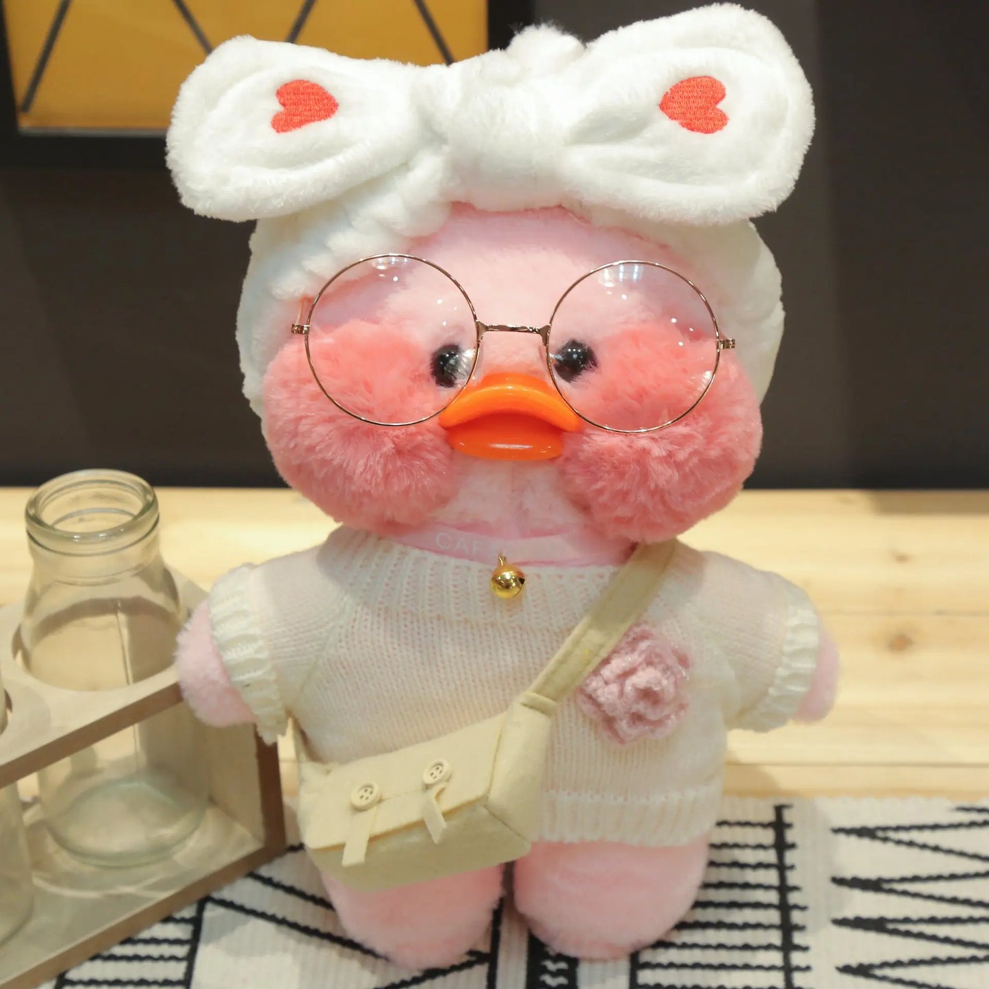 30cm Cute Cafe Pink Duck Stuffed Plush Animals Toy Wear Glasses And Clothes Soft Doll Girl Birthday Creative Gift For Girls