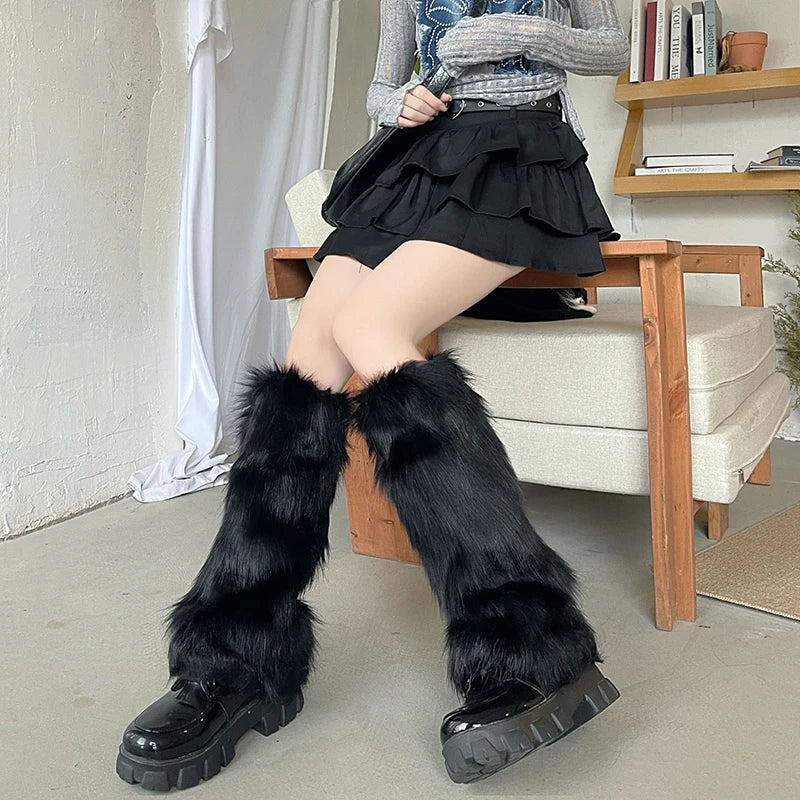 1Pair Y2K Spicy Girl Imitation Rabbit Fur Grass Leg Covers Plush Thickened Velvet Subcultural Tubing Stacked Furry Leg Warmers