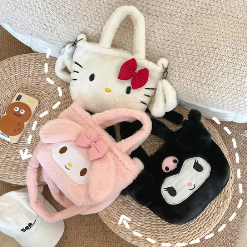 Kawaii Sanrio Hello Kitty Plushie Bag Cinnamoroll Kuromi Shoulder Bag Cute Melody Stuffed Storage Handbag Birthday Gift for Girl