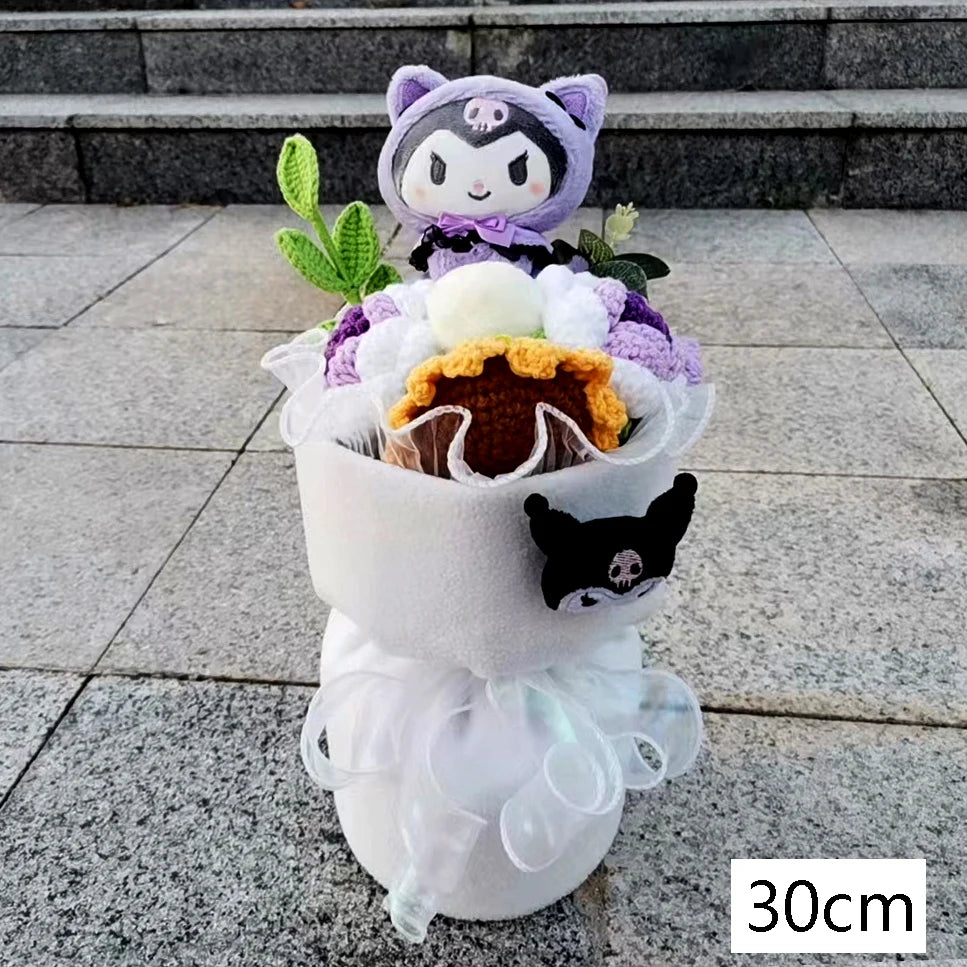 Hand-Knitted Flower Rose Hello Kitty Kuromi Plush Doll Toy With Sunflower Crochet Flower Valentine's Day Birthday Christmas Gift