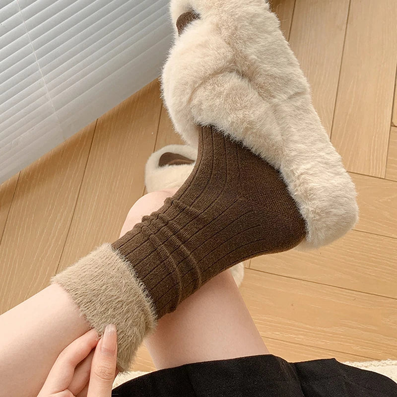 1Pair Fashion Plush Socks Women Autumn Winter Fluffy Splice Lanital Mink Velvet Thick Warm Mid-tube Stockings Cotton Socks