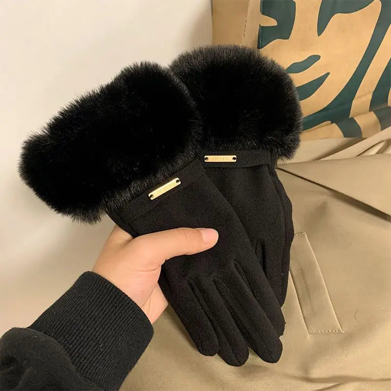 Winter Women Keep Warm Plus Velvet Touch Screen Thicken Plush Wrist Suede Gloves Fashion Personality Elegant Drive Cycling