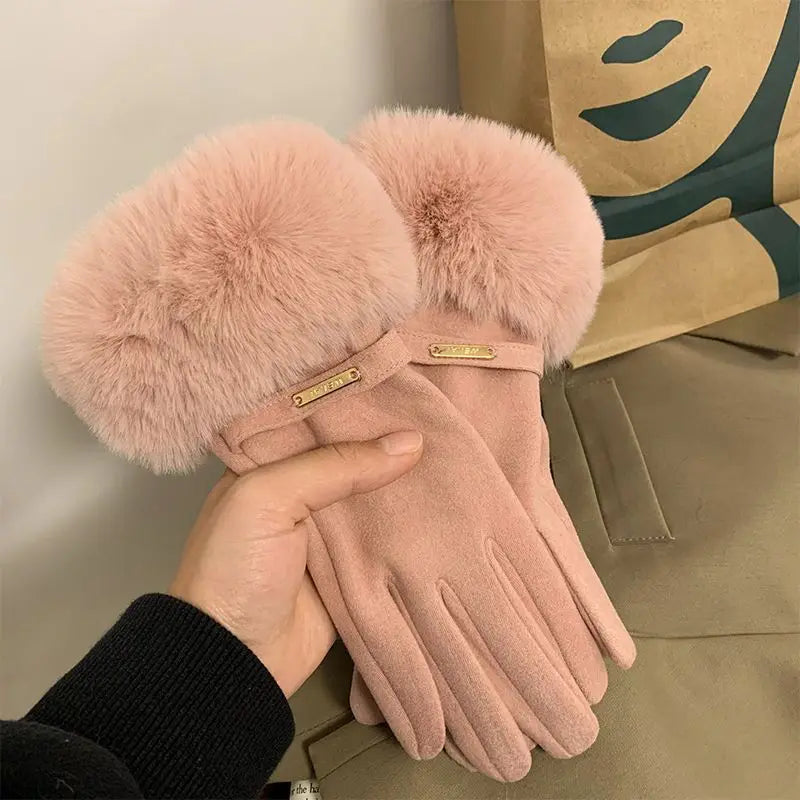 Winter Women Keep Warm Plus Velvet Touch Screen Thicken Plush Wrist Suede Gloves Fashion Personality Elegant Drive Cycling