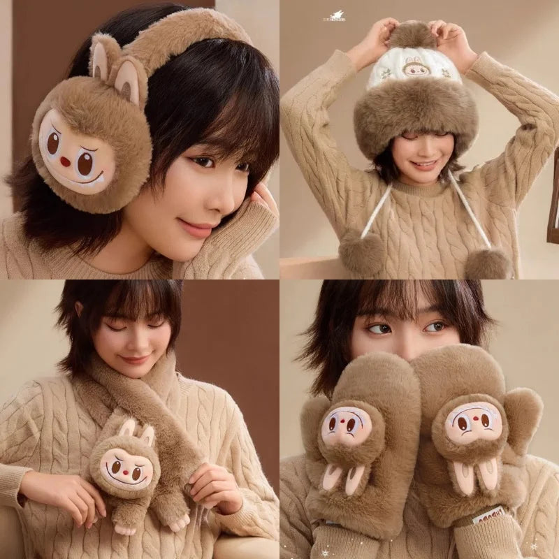 New Genuine Cute Warm Series -Labubu Plush Gloves Hat Scarf Ear Muffs Ring Hairball Earrings Labubu Winter Series Products Gifts