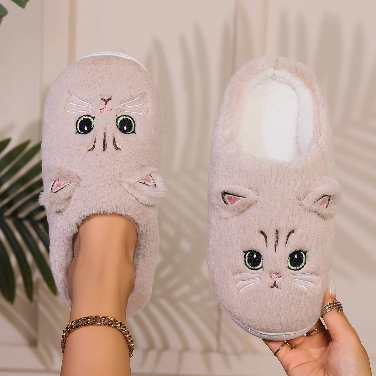 Kawaii Cartoon Cat Fuzzy Slippers - Ultra Soft Fabric Inner, Plush Flat Sole, Cozy Warmth, TPR Durable Outsole, Fabric Upper - P